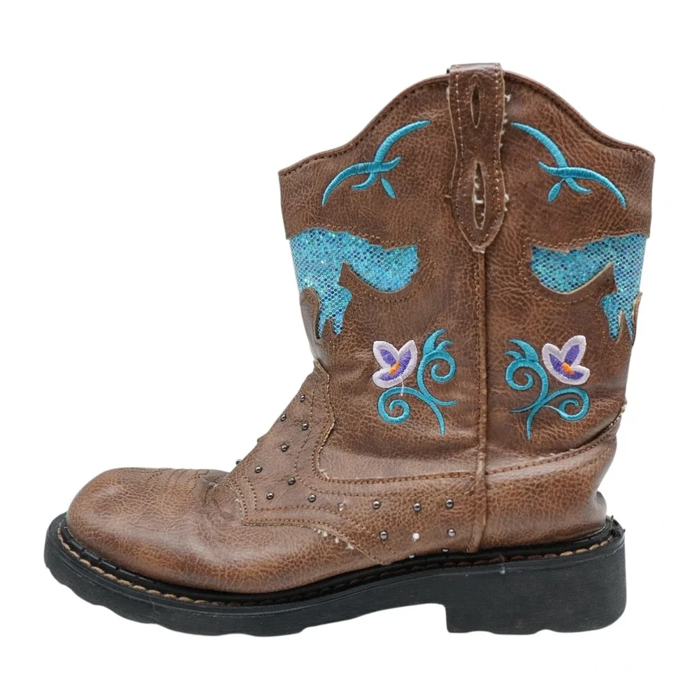 Roper Cowboy Boots Girls Size 2 Brown Turquoise Glitter Light Up Western Logo